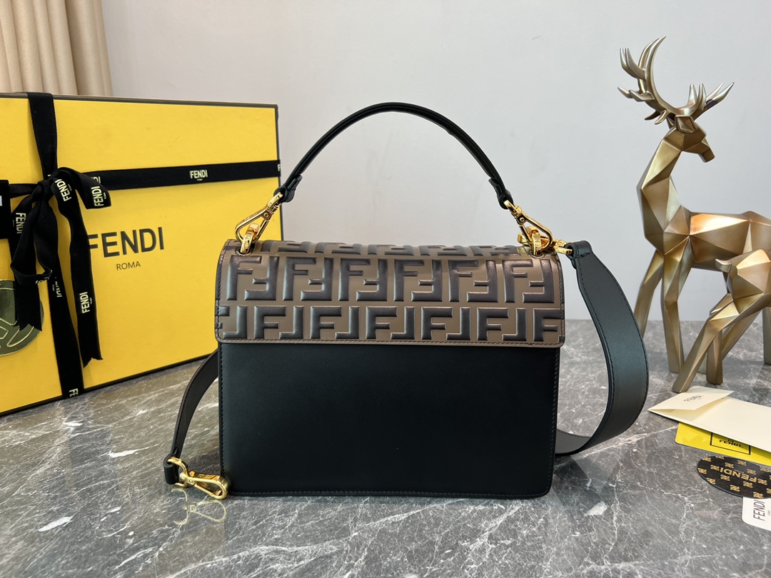 Fendi Medium Kan U Shoulder Bag Zucca Embossed Leather Brown/Black